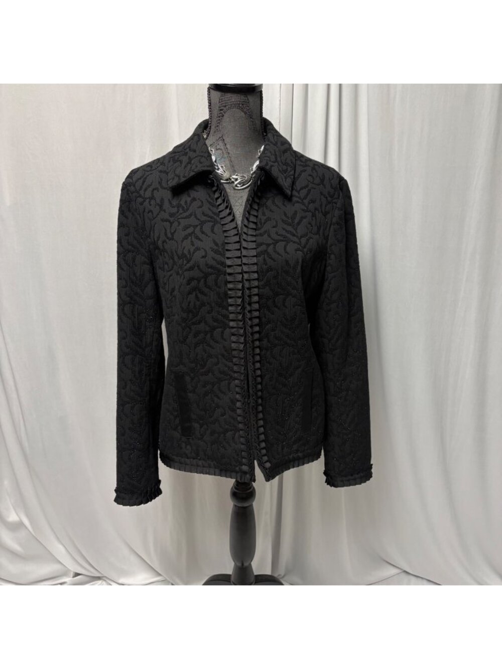 Coldwater Creek Black Damask Sparkle Jacket Womens Large Ruffle Party Evening